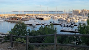 Un port de plaisance où sont amarrés de nombreux bateaux, une clôture en bois au premier plan et des bâtiments en arrière-plan.
