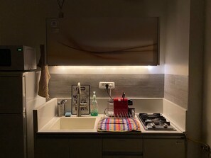 Kühlschrank, Mikrowelle, Herdplatte, Wasserkocher mit Kaffee-/Teezubehör