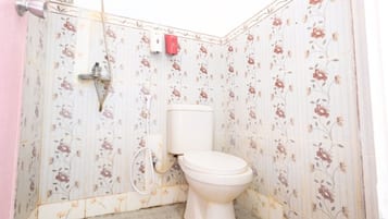 Bañera con ducha, toallas, jabón, shampoo