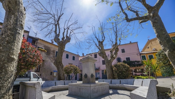 Une cour intérieure avec une fontaine centrale, entourée de bancs en pierre et d’arbres.