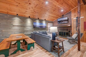 TV, fireplace, books