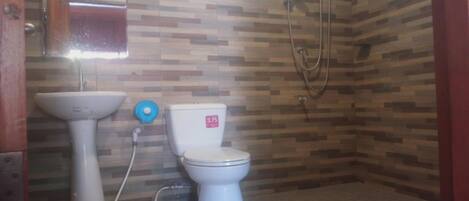 Un baño con inodoro, lavamanos y ducha.