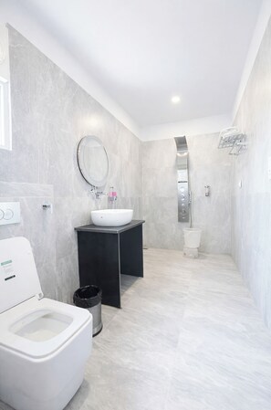 Regadera, regadera tipo lluvia, pantuflas, toallas 