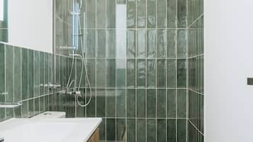 Double Room | Bathroom | Shower, hair dryer, slippers, towels