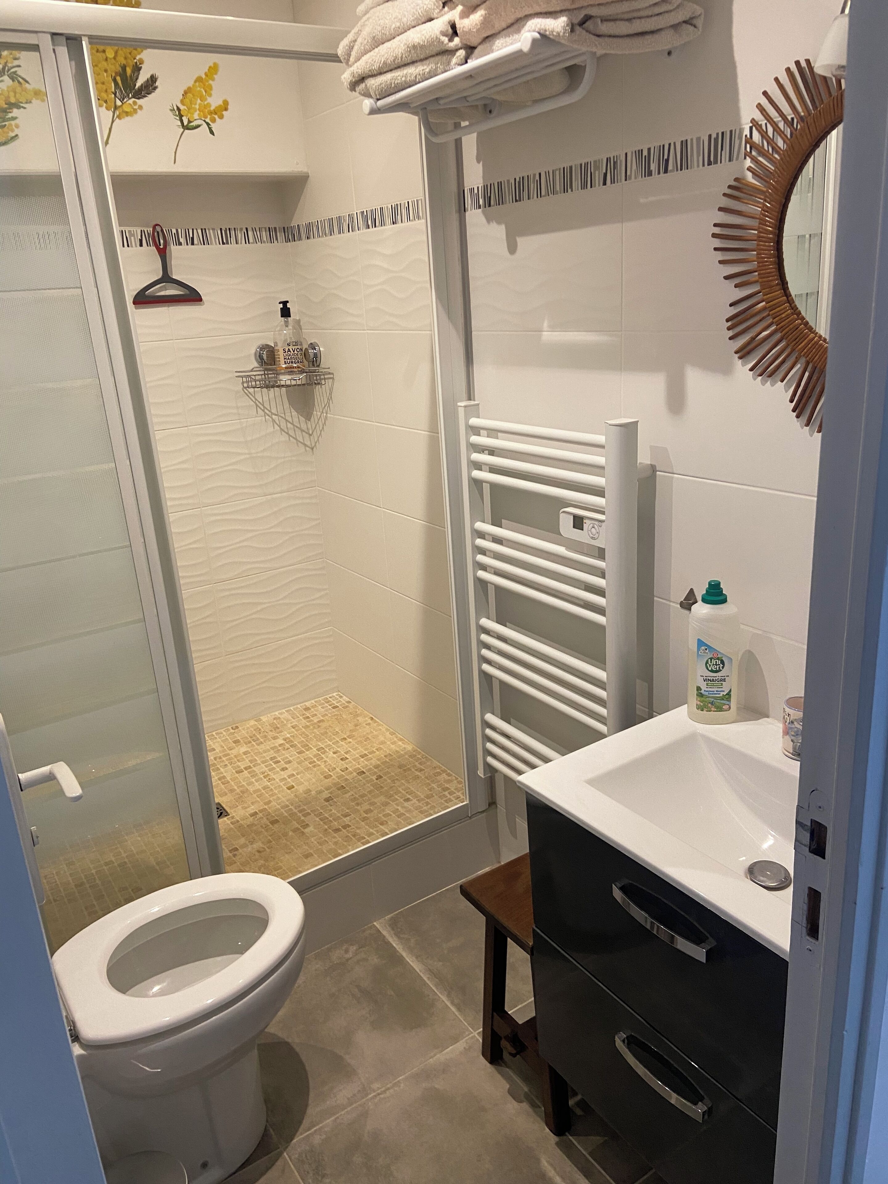 Un baño moderno con cabina de ducha de vidrio, inodoro y lavabo blancos, y un perchero para toallas.