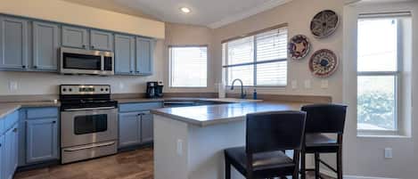 Fridge, microwave, dishwasher, coffee/tea maker
