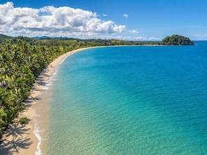 A coastal landscape with a sandy beach, clear turquoise waters, and a lush green area with palm trees.