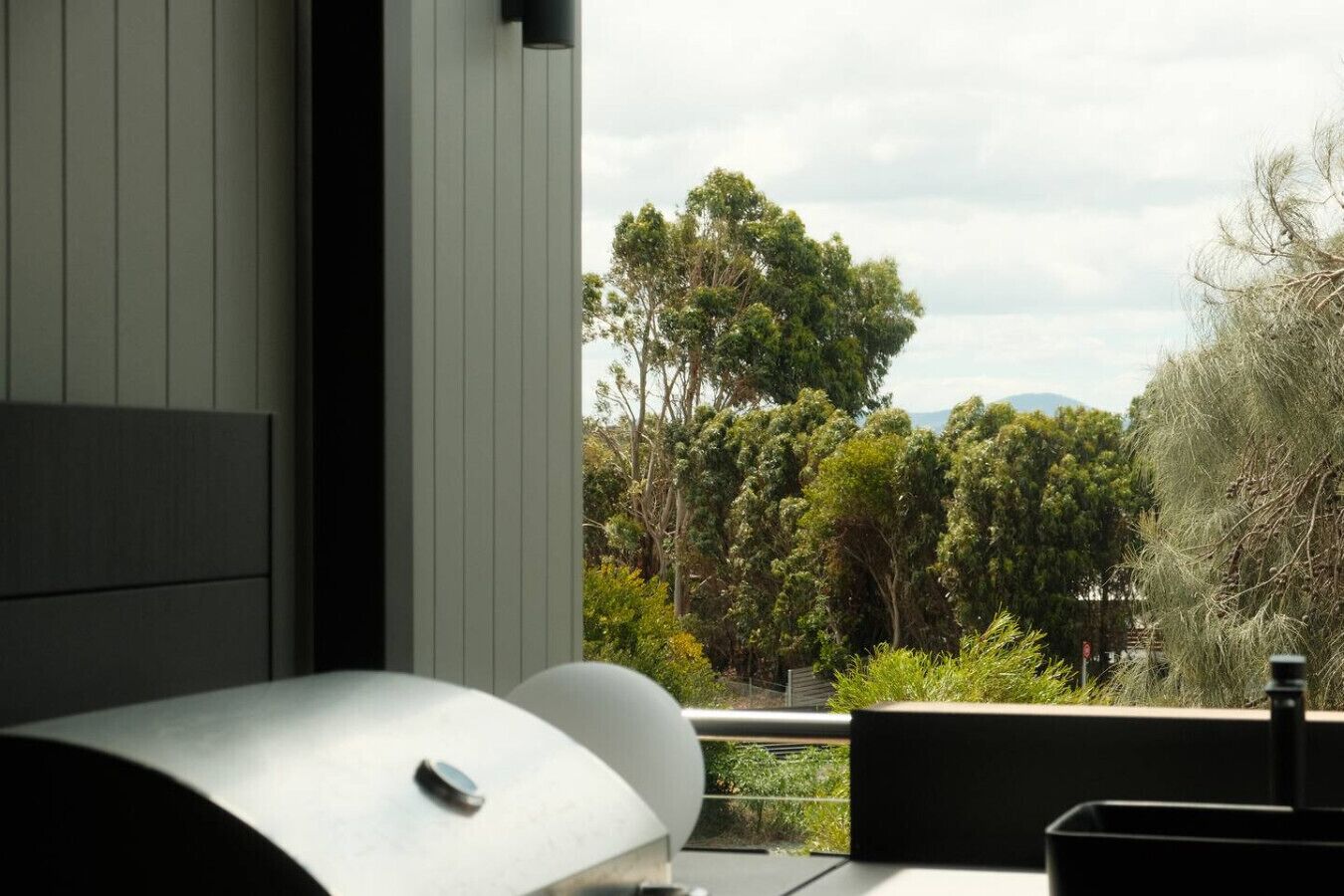 A modern outdoor kitchen area with a built-in grill, a view of a lush garden with various trees, and a clear sky.