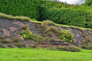 Steps lead up a lush, green slope amidst a serene natural setting.