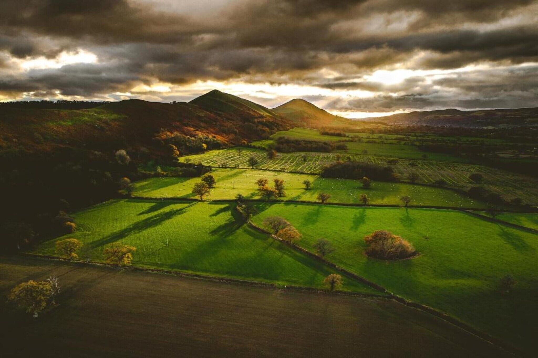 An aerial view of a rural landscape with rolling hills, fields, and scattered trees.