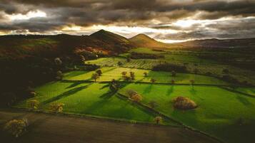 An aerial view of a rural landscape with rolling hills, fields, and scattered trees.