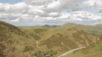 A rural landscape with rolling hills, a winding road, and a small building with a green roof.