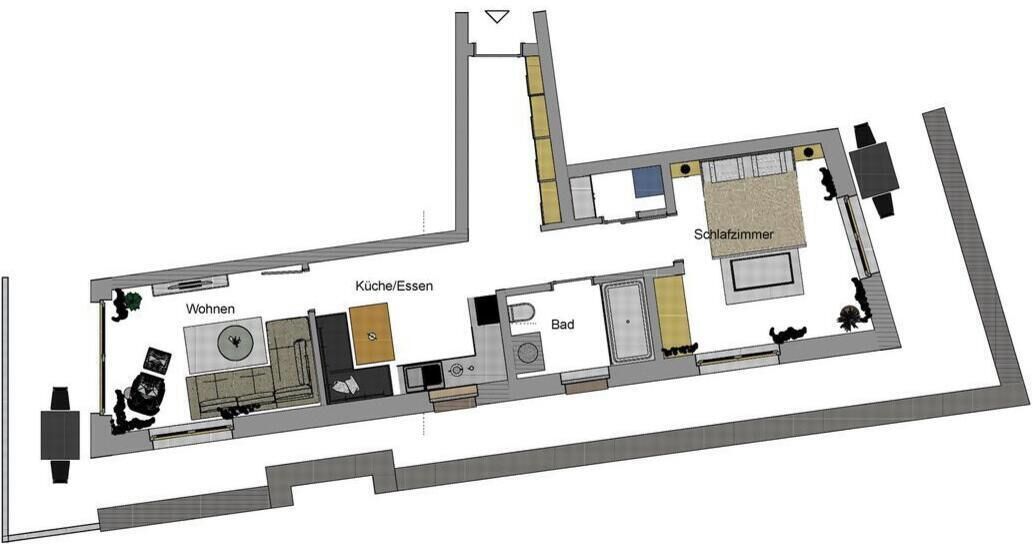 A hotel layout with a living room, kitchen, bathroom, and a bedroom.