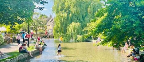 Ein Uferweg mit Menschen, die am Wasser entlanggehen und sitzen, umgeben von üppigem Grün und Bäumen.