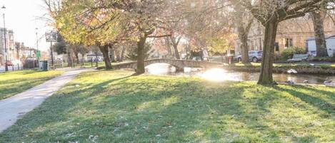 A park with a pathway, trees, a bridge, and a body of water.