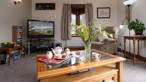 A cozy living room with a television, a comfortable armchair, a coffee table with a Scrabble Deluxe set, a bookshelf, and a potted plant.