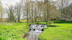 A small waterfall in a lush green landscape with trees and a grassy area.