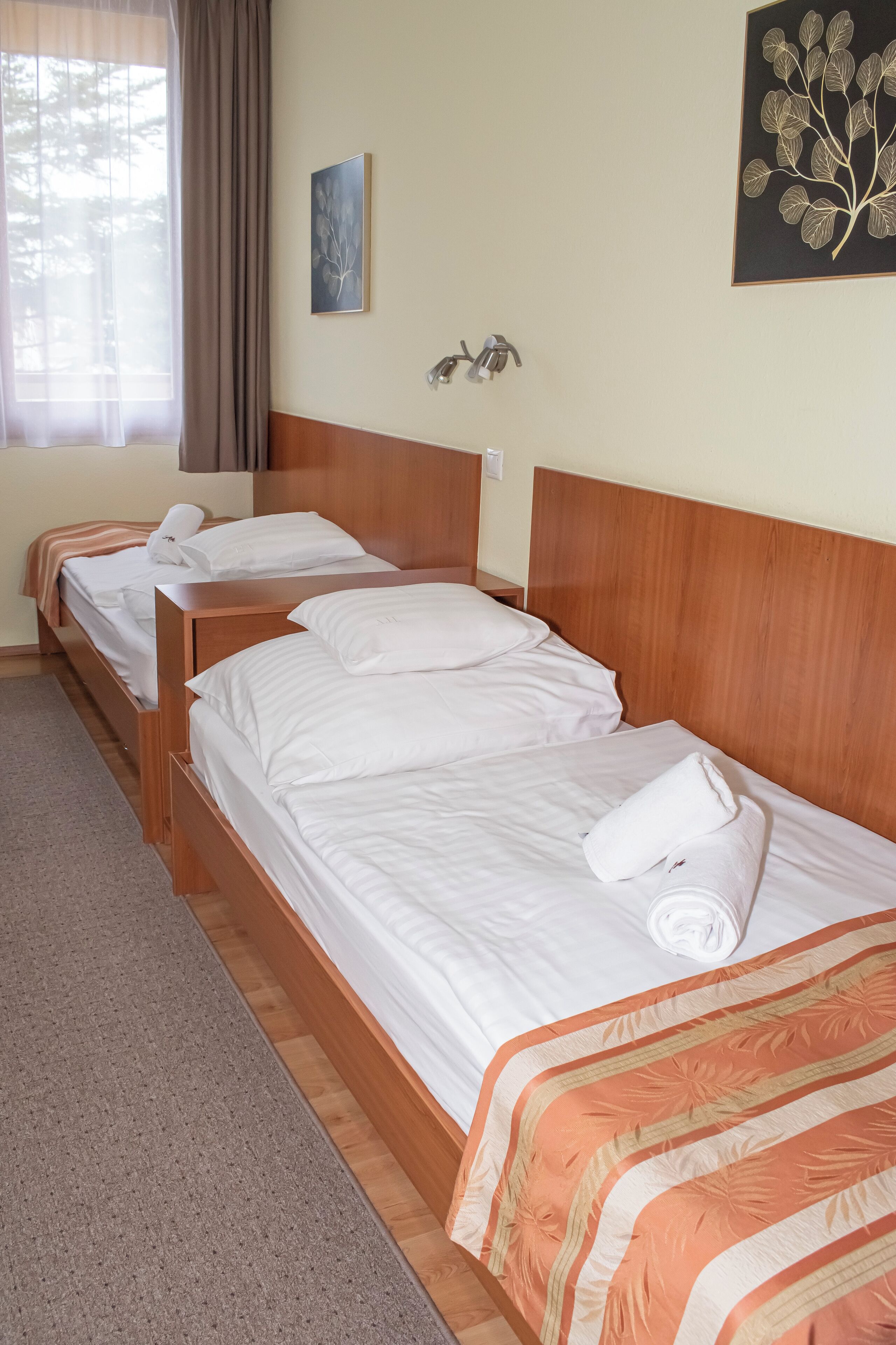 Una habitación de hotel con dos camas individuales, un cabecero de madera, alfombra color beige y una ventana con cortinas.