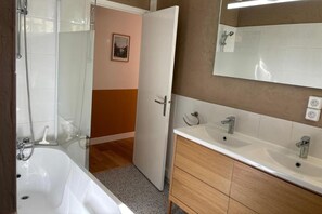 Hair dryer, towels, soap, toilet paper