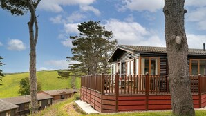 Uma cabana de madeira com varanda, rodeada por árvores e uma paisagem gramada.