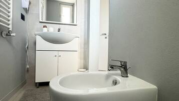 Shower, hair dryer, bidet, towels