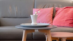 A grey sofa with a white vase and a plate on a small wooden table. - Apartment 'Gertrud' with Shared Terrace and Shared Garden (Schönwald im Schwarzwald)