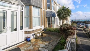 A row of terraced houses with stone-patterned front steps, a palm tree, and parked cars on a sunny day. - Breakers Point (St Ives)