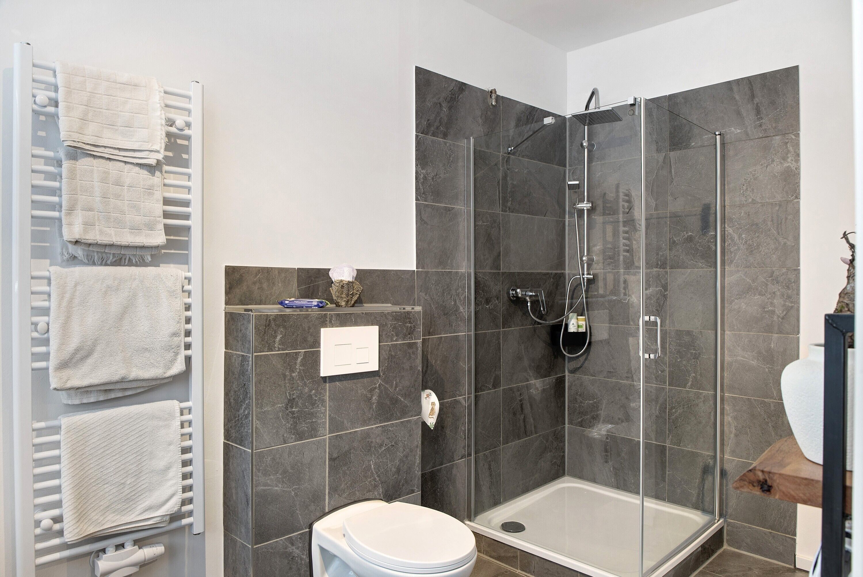 A modern bathroom with a glass-enclosed shower, a white toilet, and a towel rack with multiple towels.