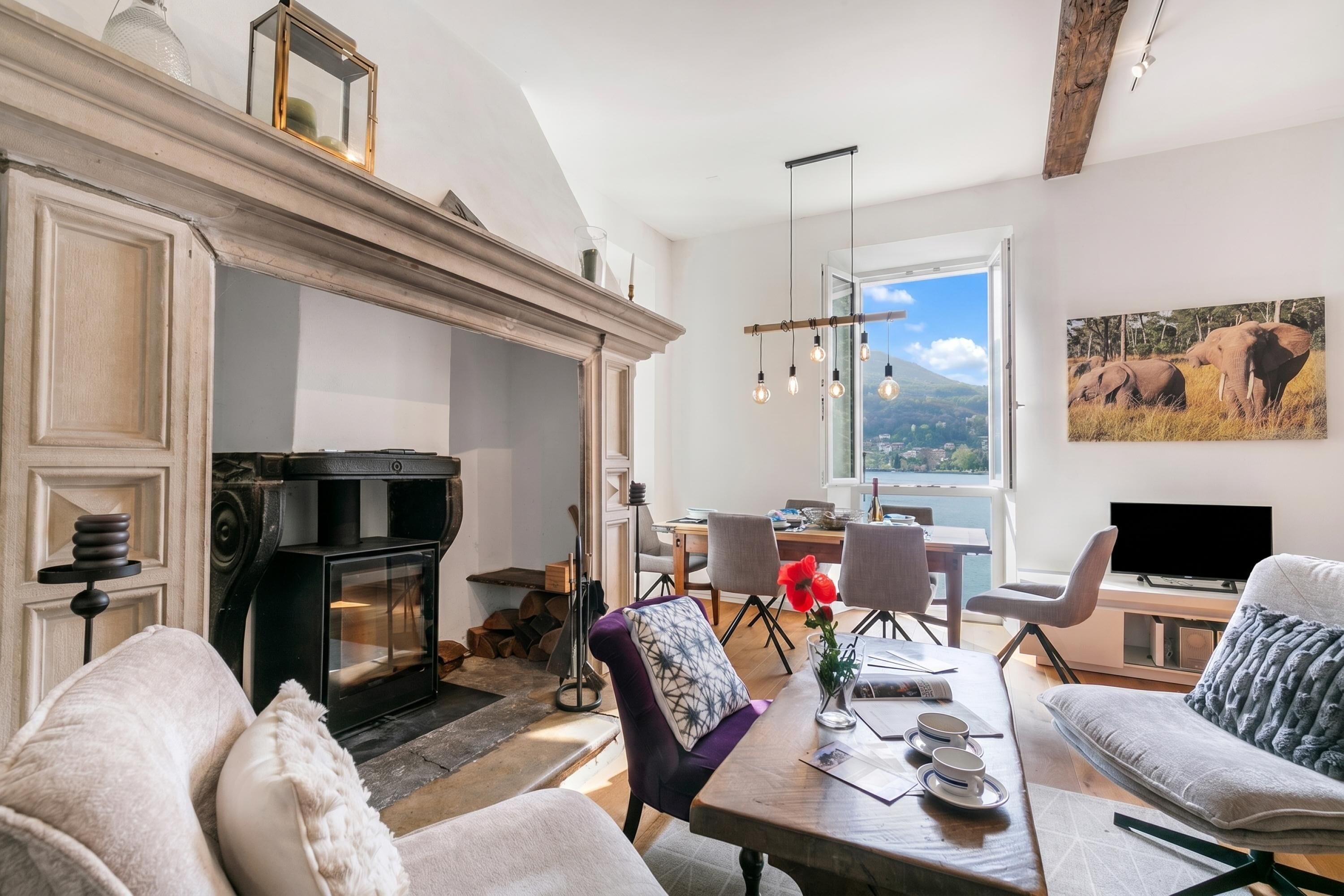 Standard House, 3 Bedrooms, Fireplace, Lakeside (Mica Aurea Morcote) | Living area | 21-inch flat-screen TV with satellite channels, fireplace, stereo