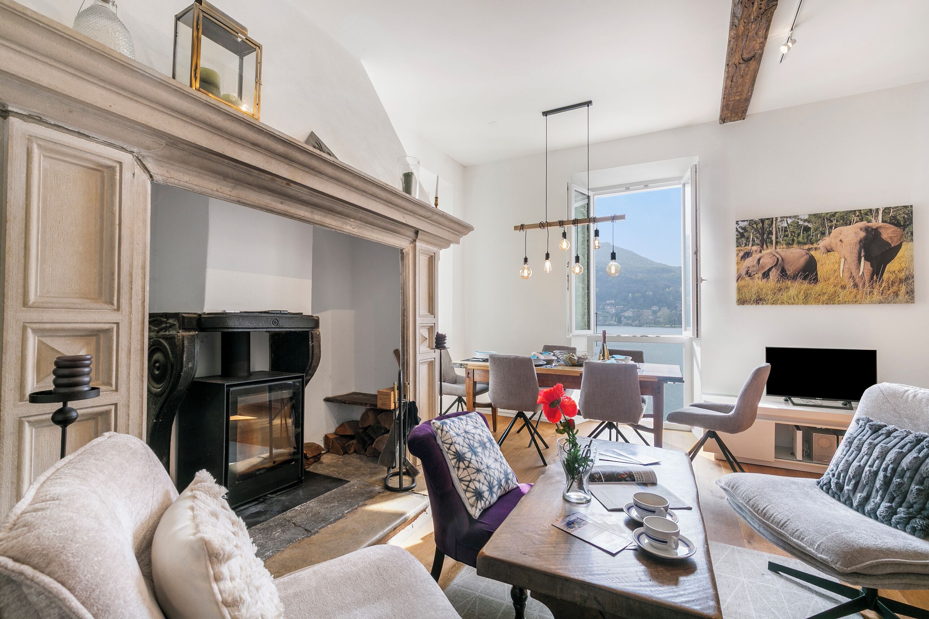 Standard House, Multiple Bedrooms, Lakeside (Mica Aurea Morcote) | Living area | 21-inch flat-screen TV with satellite channels, fireplace, stereo