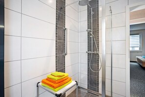 Shower, hair dryer, towels