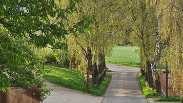 A rural road flanked by trees and a metal cow sculpture.