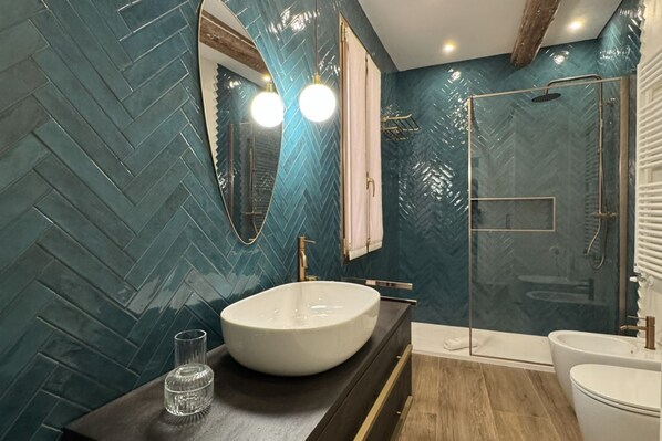 Douche, séchoir à cheveux, bidet, serviettes fournies