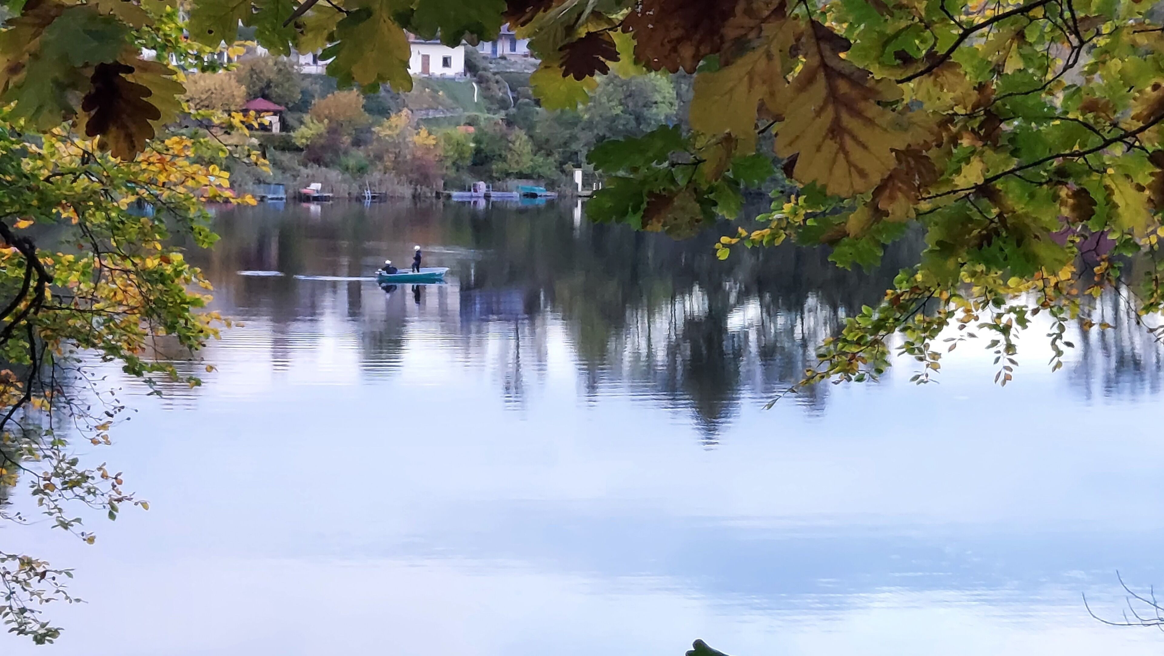 A calm lake with a boat and people, surrounded by trees and buildings in the background.