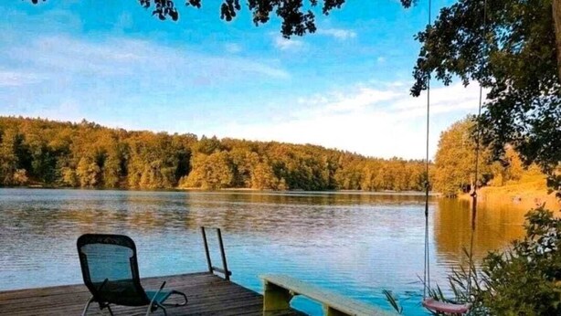 Terraza de madera con una silla y un banco con vistas a un lago rodeado de árboles.