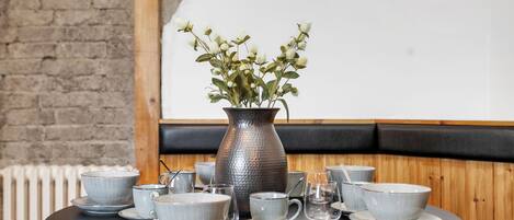 Espresso maker, electric kettle, dining tables