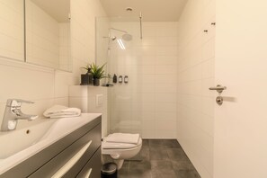 A modern bathroom with a white sink, mirror, and toilet. There is a showerhead and a small potted plant on the vanity.