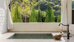 A small indoor pool with a stone edge, a potted plant, and a faucet. - Boeun Pension at 77 Igashinjeong-gil (Boeun)
