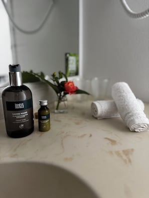 Hair dryer, towels, soap, shampoo