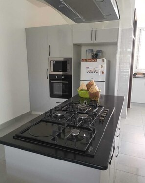 Fridge, microwave, oven, coffee/tea maker