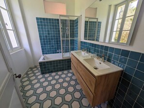Shower, hair dryer, soap, toilet paper