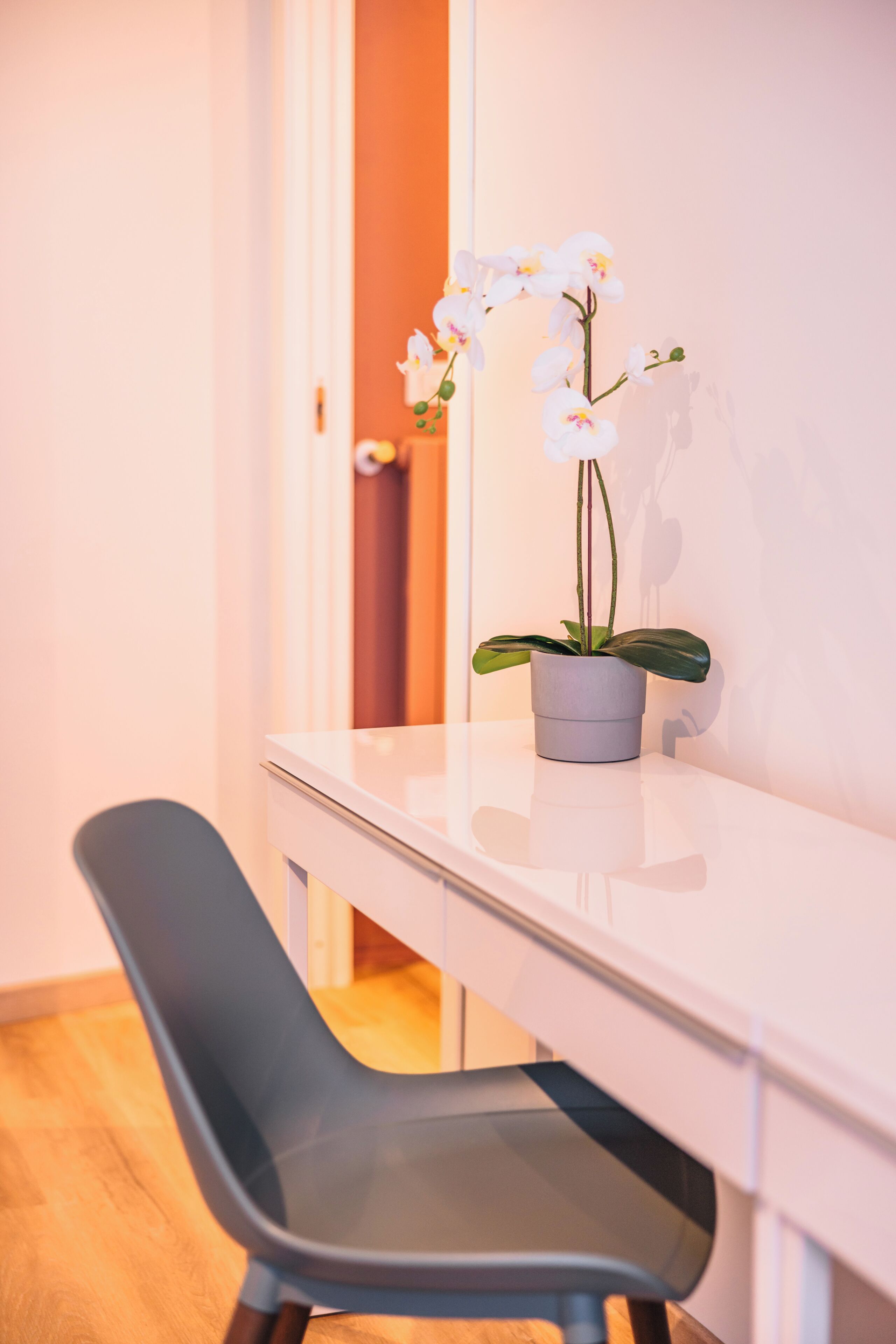 A modern room with a white desk, a potted orchid, and a black chair.