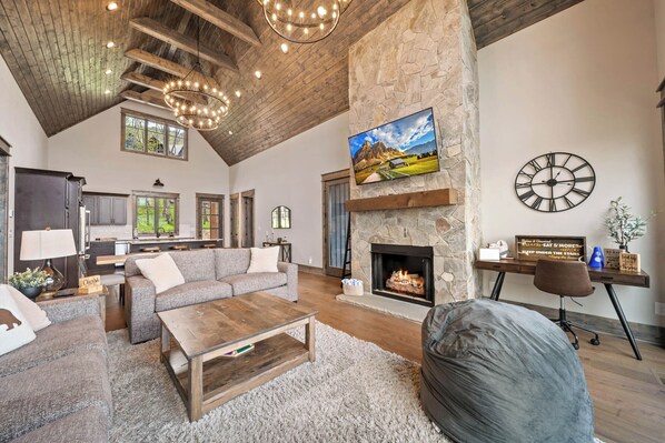 Smart TV, fireplace, music library, video library