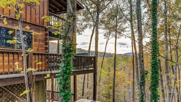 A wooden cabin with a balcony, surrounded by trees and a forested landscape.
