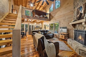 Smart-tv, eldstad och böcker