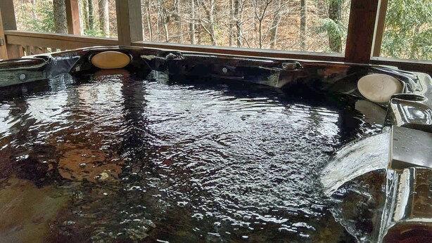 Uma banheira de hidromassagem com um deck de madeira e vista para uma floresta.