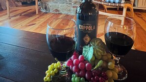 Interior acolhedor de uma cabana com lareira de pedra, mobiliário de madeira e uma garrafa de vinho Francois Coppola.