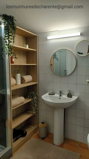 Dusch, hårtork, handdukar och tvål