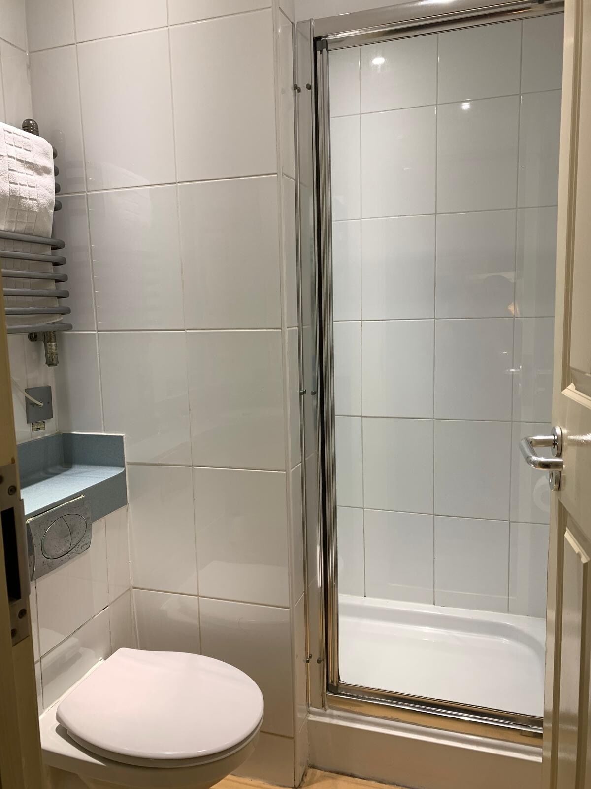 A bathroom with a toilet, a glass-enclosed shower, and a towel rack.
