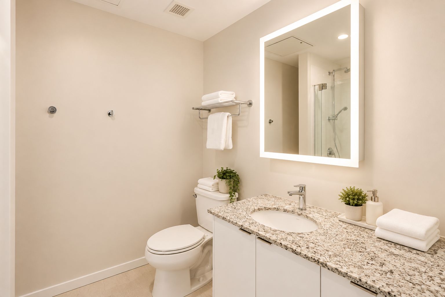 Une salle de bain moderne équipée de toilettes, d’un lavabo et d’un espace douche.